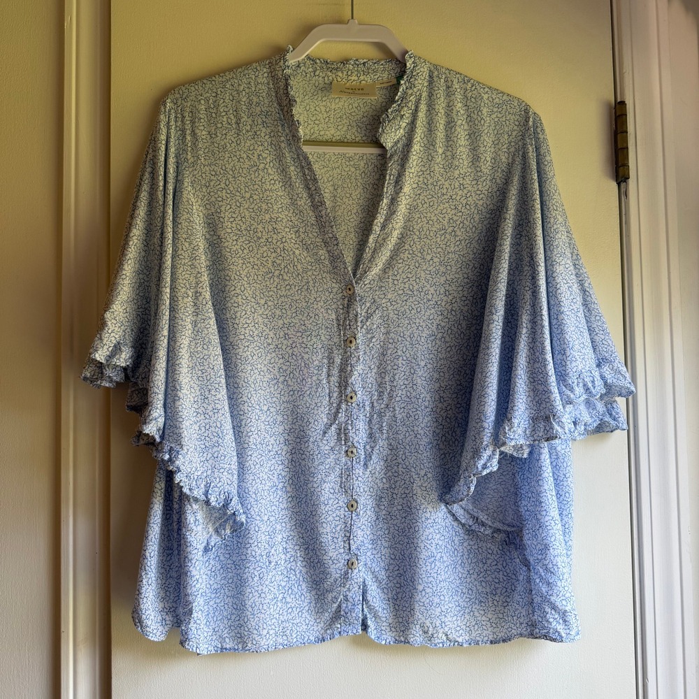 Maeve Anthropologie Blue Floral Flutter Sleeve Ruffle Blouse 2X OB987214